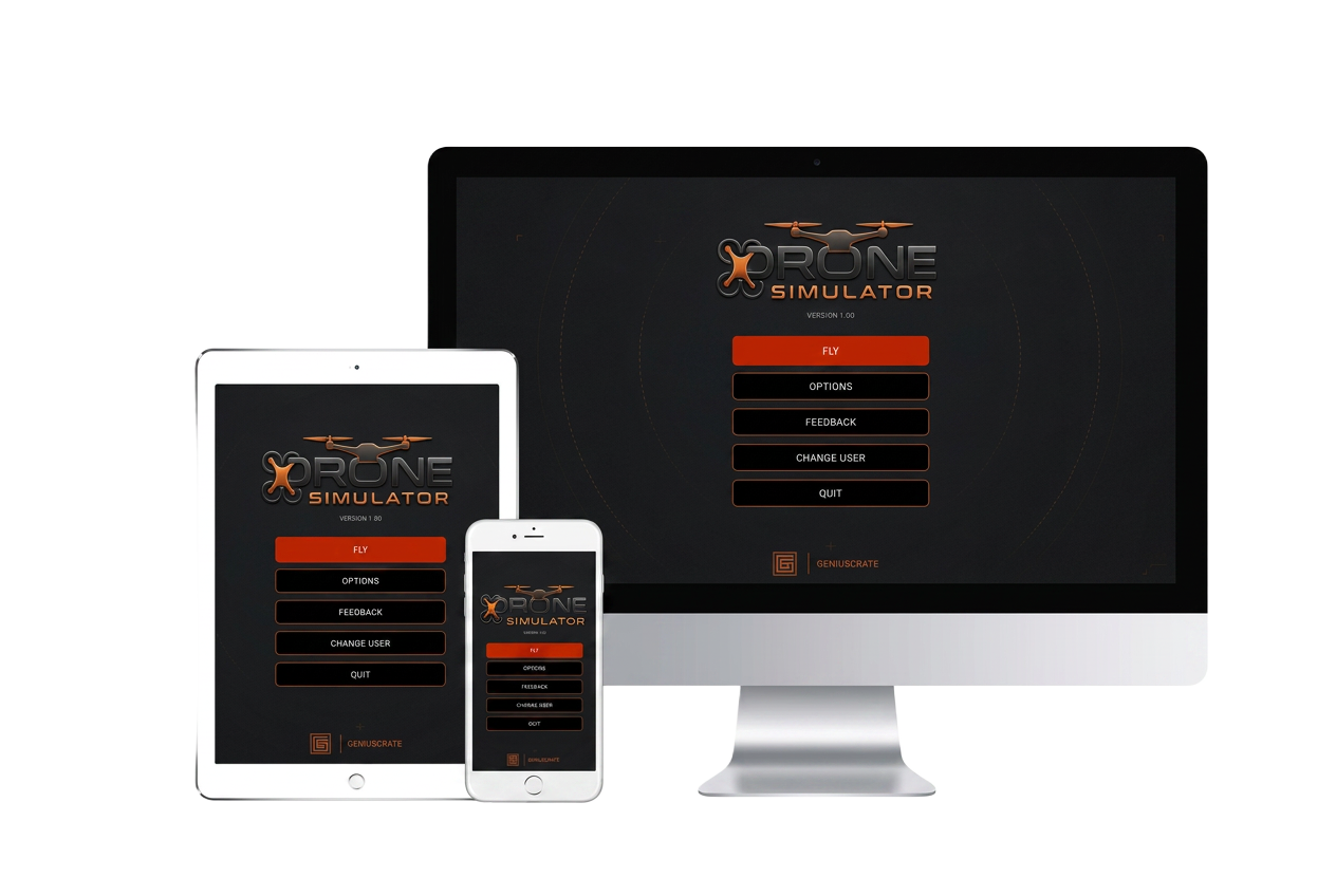 Drone simulator interface shown on desktop, tablet and phone
