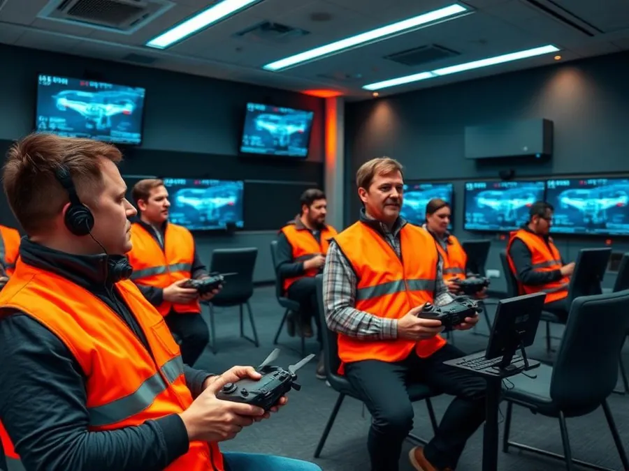 Trainee pilots practising with drone controllers in a simulator classroom