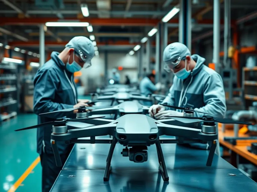 Engineers assembling an industrial quadcopter on a production line