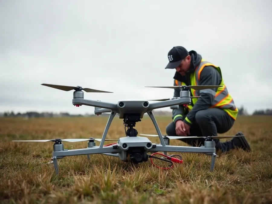 Technician inspecting a damaged industrial quadcopter on a training field