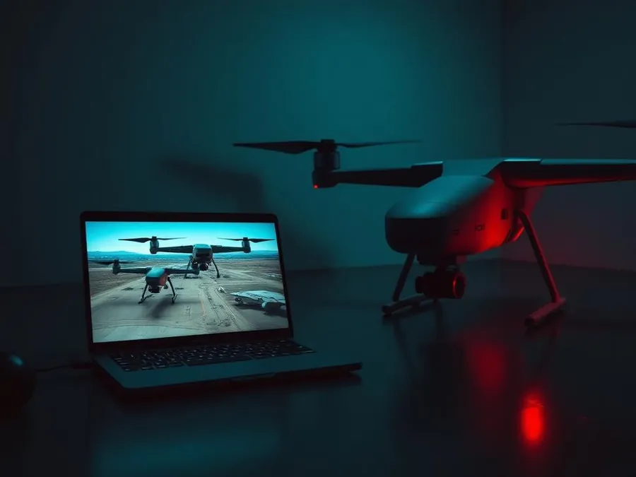 Generic drone simulator on a laptop beside a real professional drone