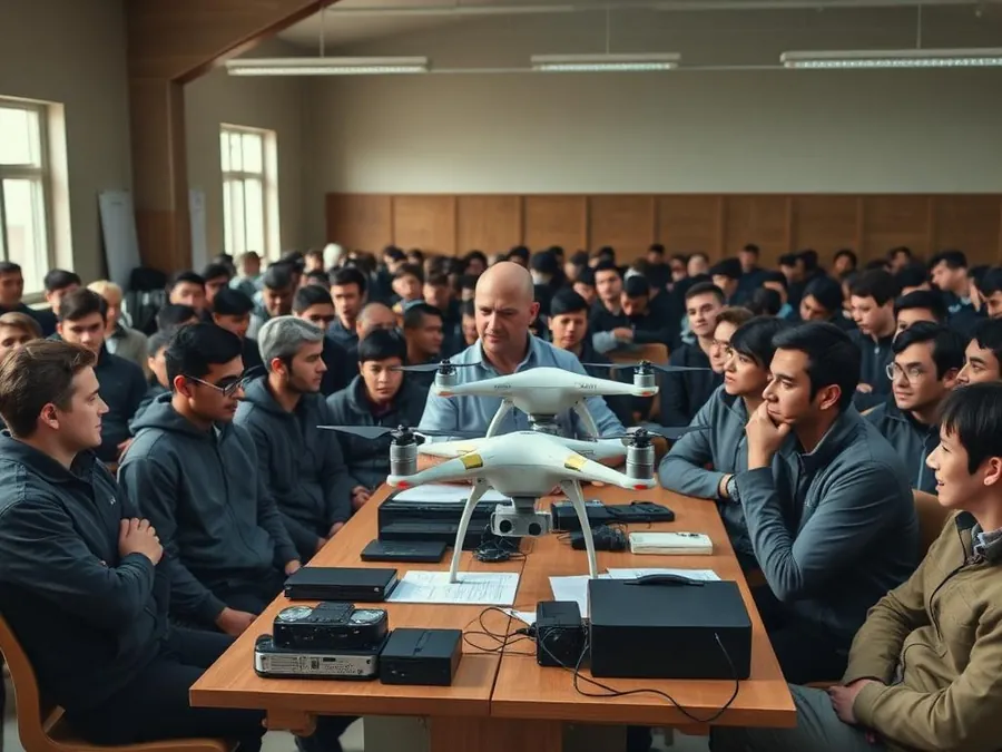Crowded drone academy classroom with only a couple of aircraft available
