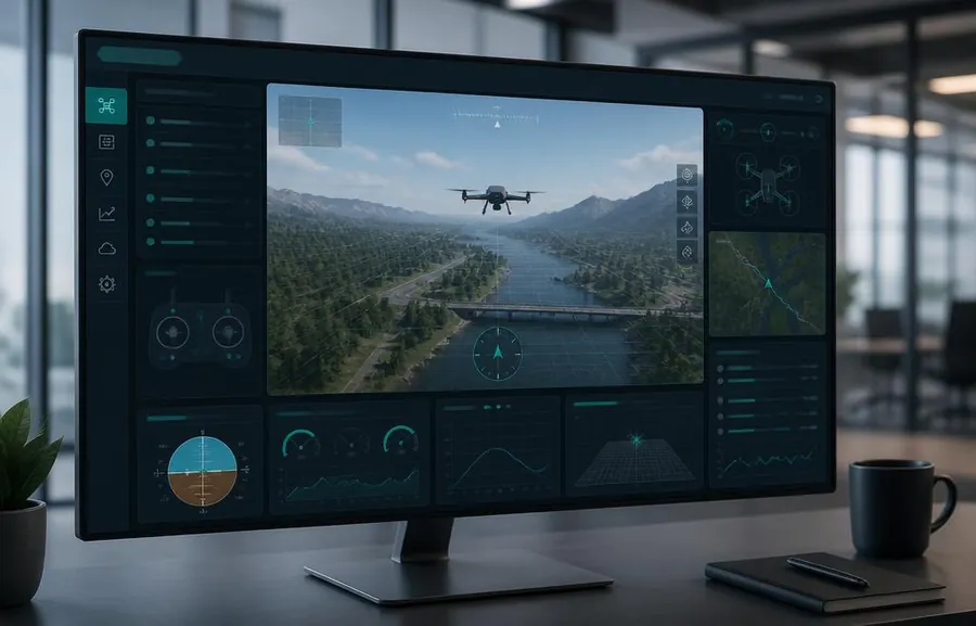 Branded drone simulator software interface on a monitor