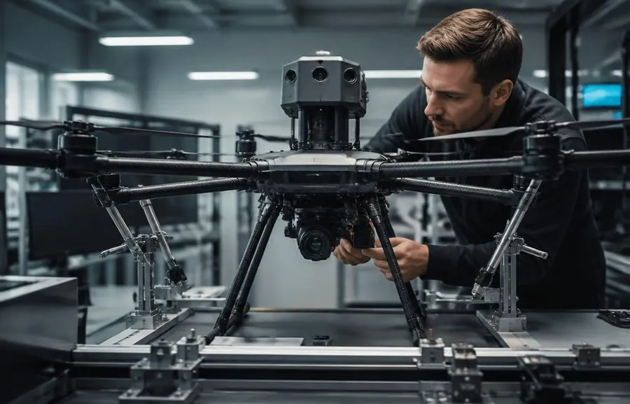 Technician calibrating an industrial drone on a test rig
