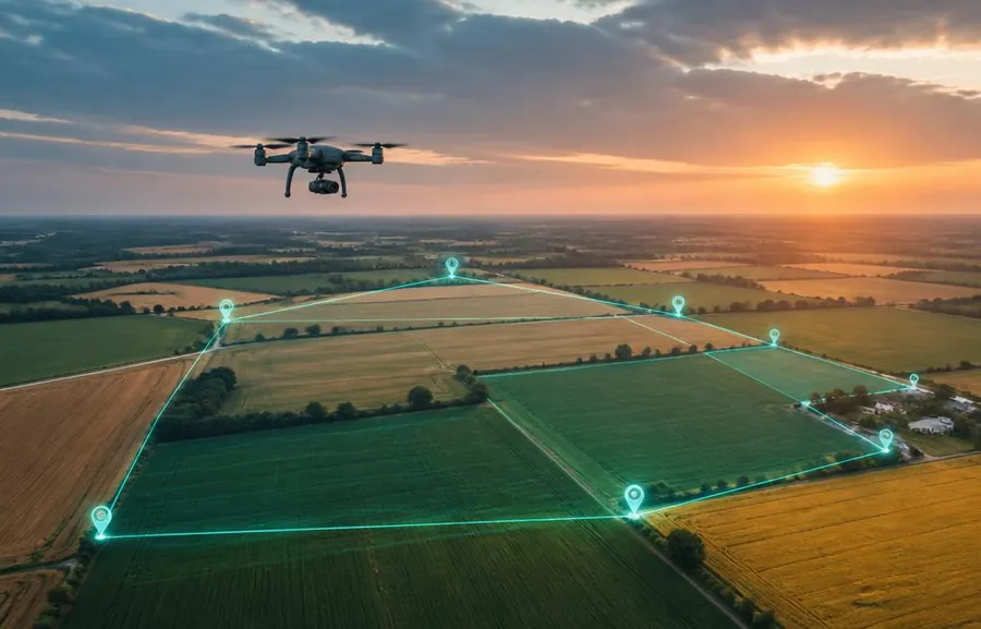 Drone flying a survey mission over agricultural fields