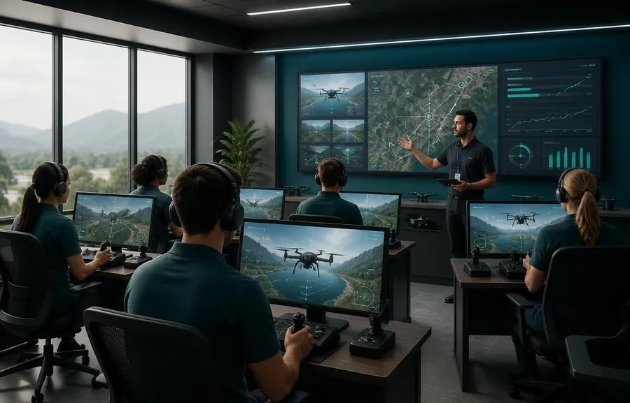Multiple pilots training in a simulator classroom with an instructor