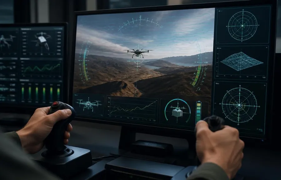 Pilot hands on flight controls with physics telemetry on screen