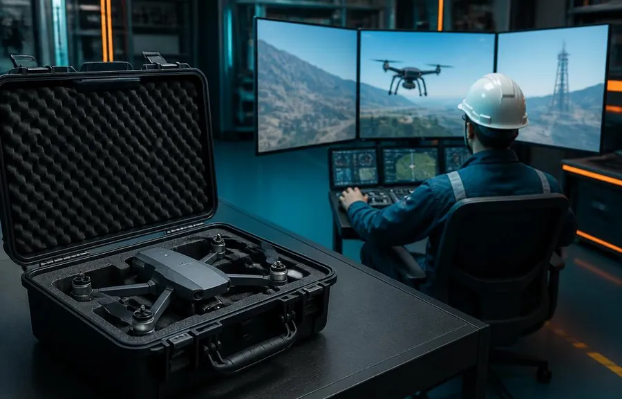 Real drone safely stored while trainee practices on simulator